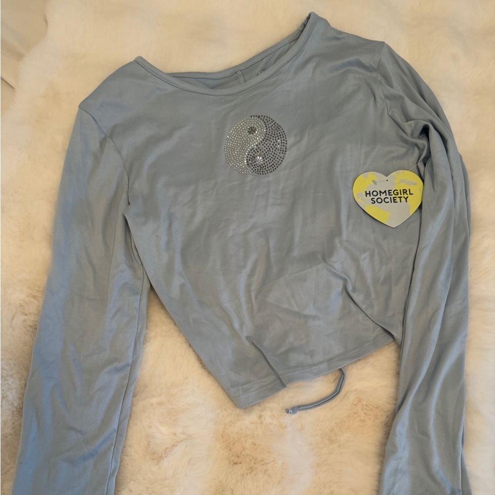 Blue Long Sleeve Crop Top with Yin Yang design